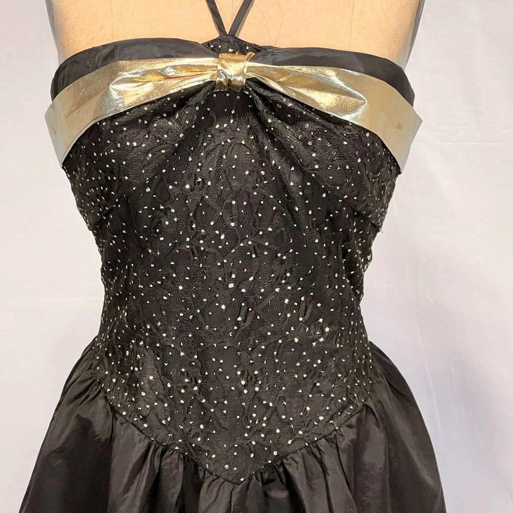 VINTAGE 80s starry night formal prom dress midi strapless halter metallic‎ gold